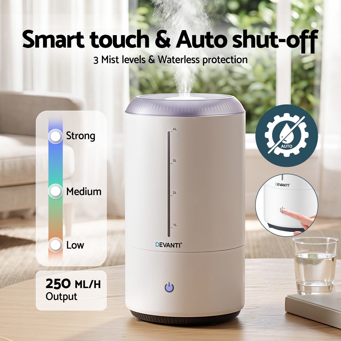 Devanti 4L white ultrasonic humidifier and aroma diffuser with top-fill design, quiet operation, suitable for bedroom use.