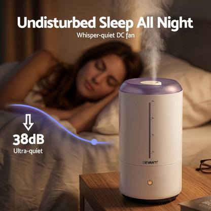 Devanti 4L ultrasonic humidifier aroma diffuser in white, top fill design, quiet operation for bedroom use by Hlpmedical