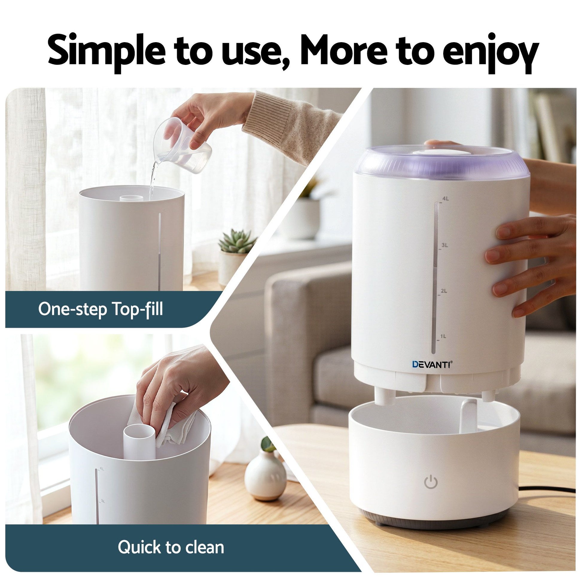 Devanti 4L ultrasonic humidifier and aroma diffuser in white, top-fill design, quiet operation for bedroom use by Hlpmedical