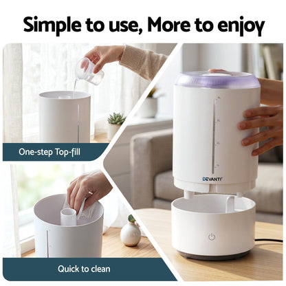 Devanti 4L ultrasonic humidifier and aroma diffuser in white, top-fill design, quiet operation for bedroom use by Hlpmedical