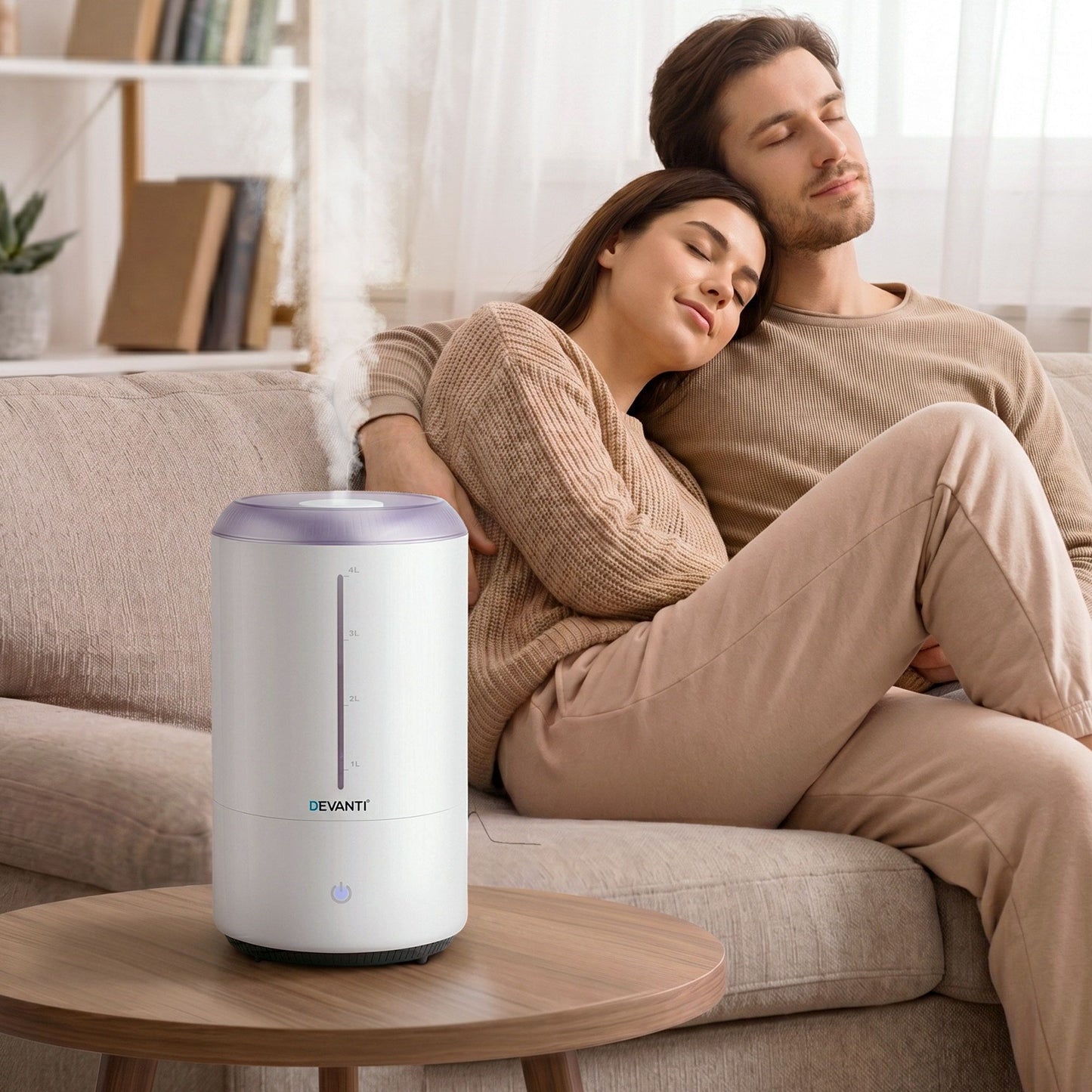 White Devanti ultrasonic humidifier and aroma diffuser with top fill design, 4L capacity, quiet operation, ideal for bedrooms.
