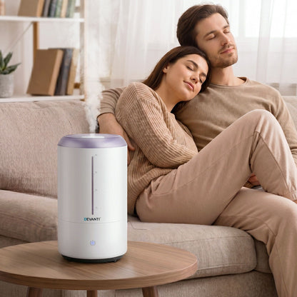 White Devanti ultrasonic humidifier and aroma diffuser with top fill design, 4L capacity, quiet operation, ideal for bedrooms.