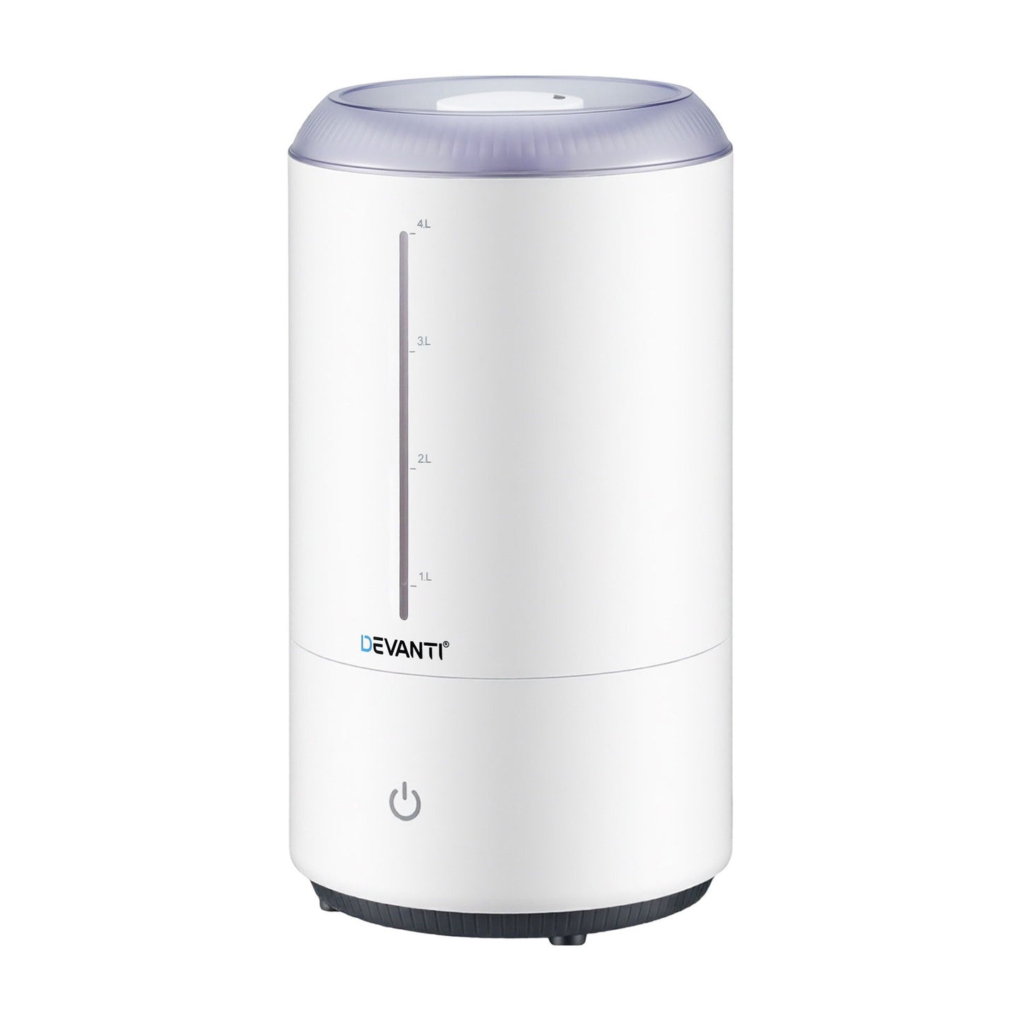 Devanti ultrasonic humidifier aroma diffuser in white with top fill design, 4L capacity, quiet operation for bedroom use.