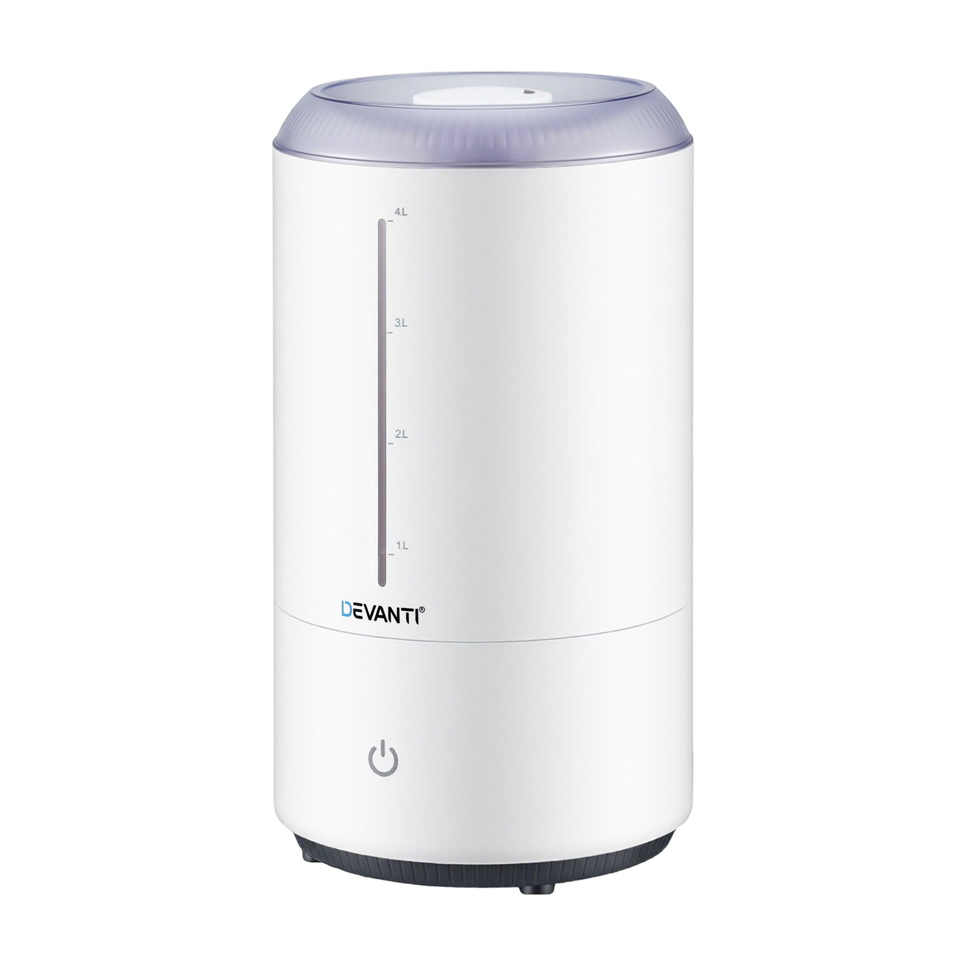 Devanti ultrasonic humidifier aroma diffuser in white with top fill design, 4L capacity, quiet operation for bedroom use.
