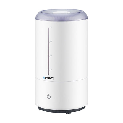 Devanti ultrasonic humidifier aroma diffuser in white with top fill design, 4L capacity, quiet operation for bedroom use.