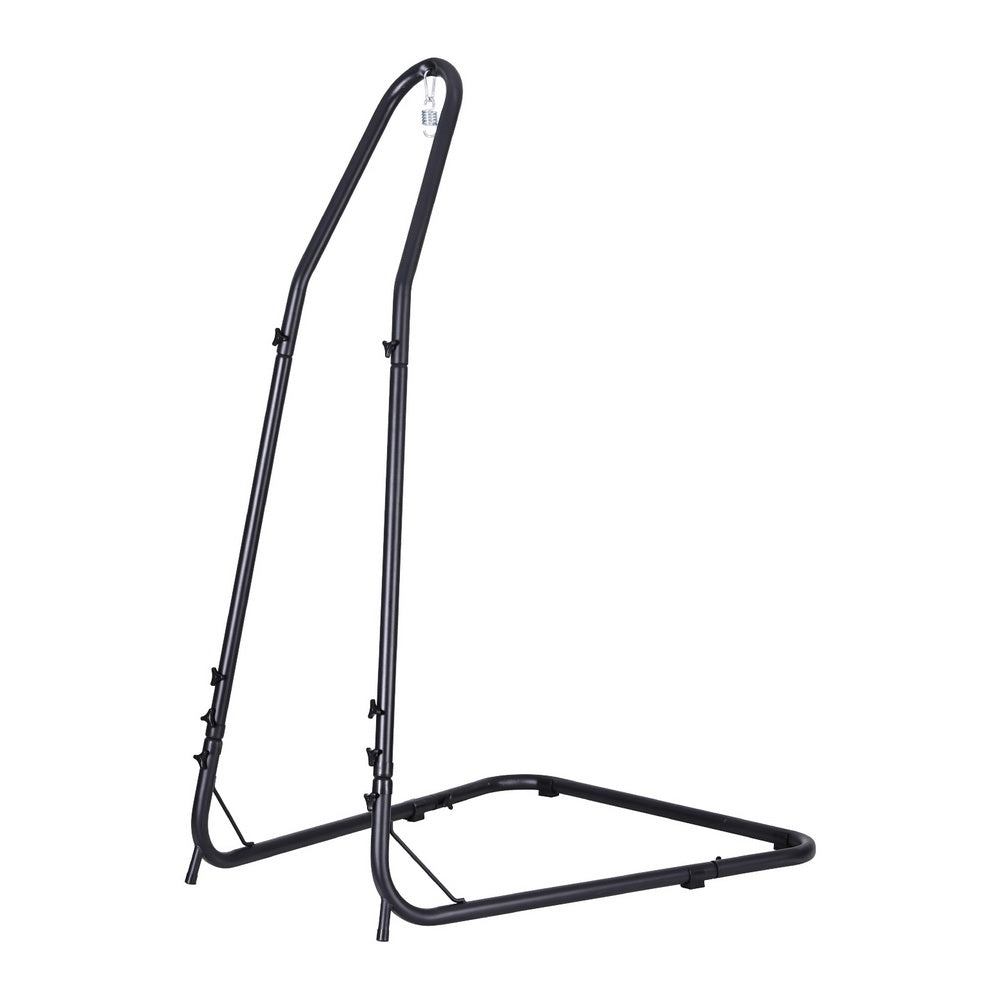 Heavy-duty black steel hammock chair stand designed for outdoor furniture, supporting hammock chairs securely.