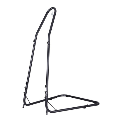 Heavy-duty black steel hammock chair stand designed for outdoor furniture, supporting hammock chairs securely.