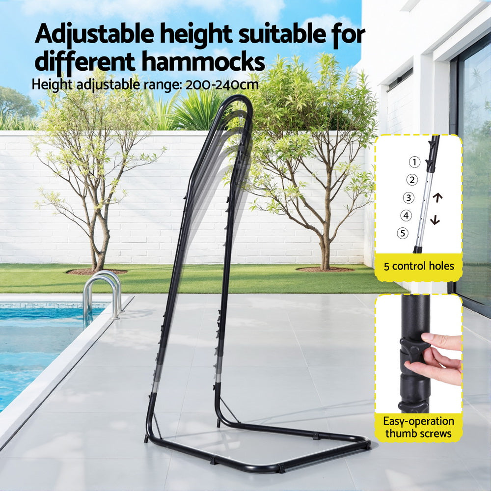 Heavy duty black steel hammock chair stand by Gardeon, sturdy furniture frame for outdoor or indoor use.