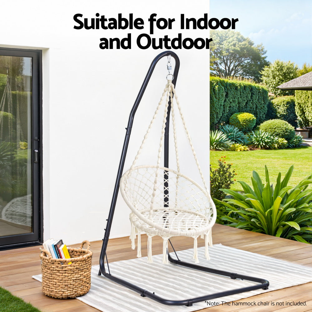 Heavy-duty black steel hammock chair stand by Gardeon, sturdy furniture frame for outdoor or indoor use.