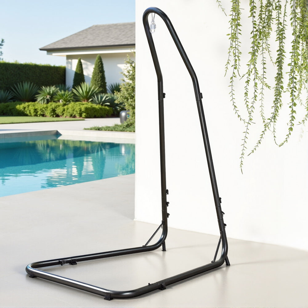 Heavy duty black steel hammock chair stand by Gardeon, sturdy frame for outdoor or indoor use in furniture and seating spaces.