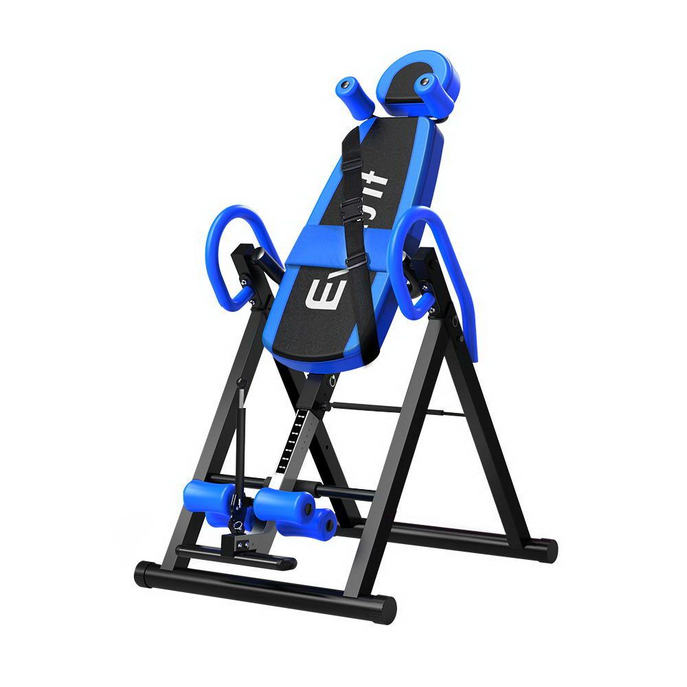 Blue Everfit inversion table by Hlpmedical for back stretching and gravity exercises, suitable for home gym use.