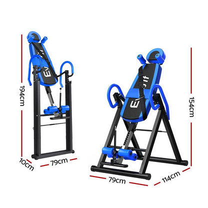 Everfit inversion table by Hlpmedical for back stretching and inversion exercises, featuring a blue frame and padded support.