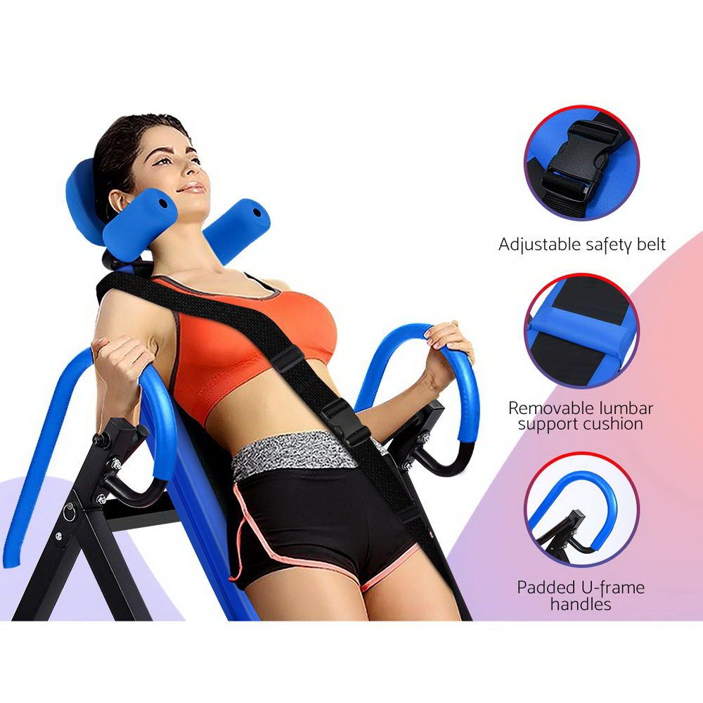 Blue Everfit inversion table by Hlpmedical for back stretching and exercise, featuring sturdy frame and ergonomic design.
