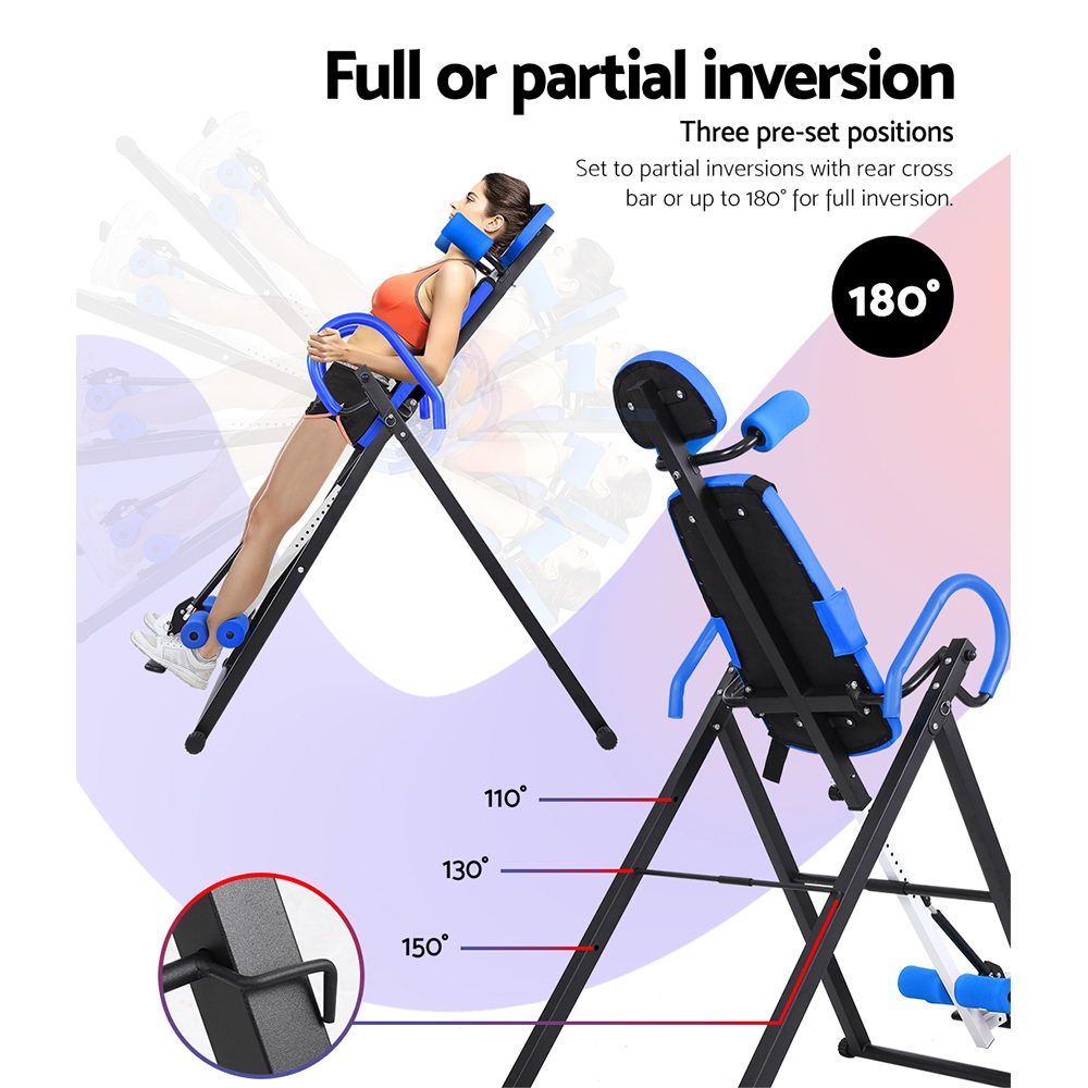 Blue Everfit inversion table for back stretching and gravity exercises, with sturdy frame and padded support for home gym use.