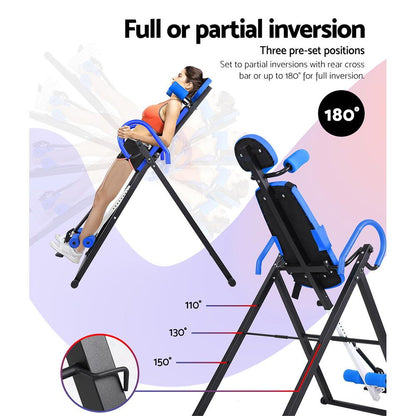 Blue Everfit inversion table for back stretching and gravity exercises, with sturdy frame and padded support for home gym use.