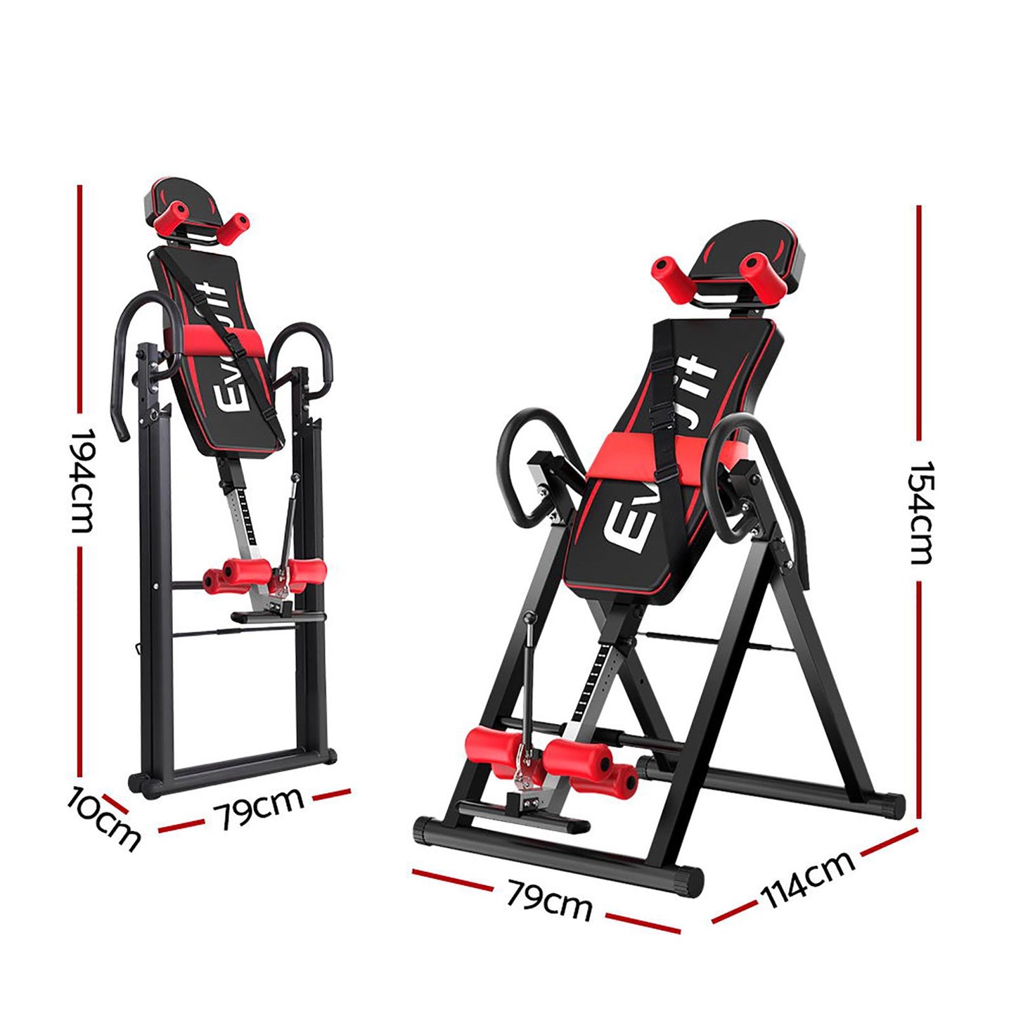 Everfit inversion table in black for back stretching and inversion exercises, designed for home gym fitness routines.