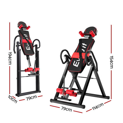 Everfit inversion table in black for back stretching and inversion exercises, designed for home gym fitness routines.