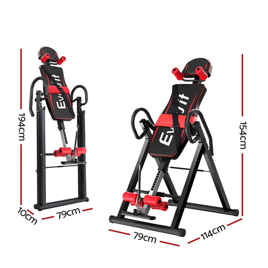 Everfit inversion table in black for back stretching and inversion exercises, designed for home gym fitness routines.