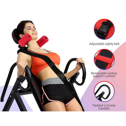 Black Everfit inversion table for back stretching and gravity exercise, designed for home gym fitness and inversion therapy.