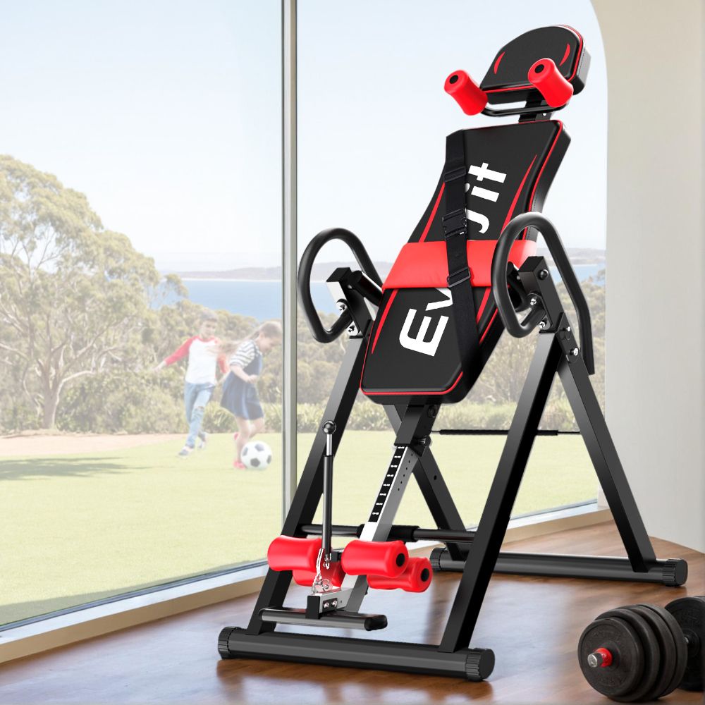 Black Everfit Inversion Table for back stretching and gravity exercises, designed for home gym use by Hlpmedical.