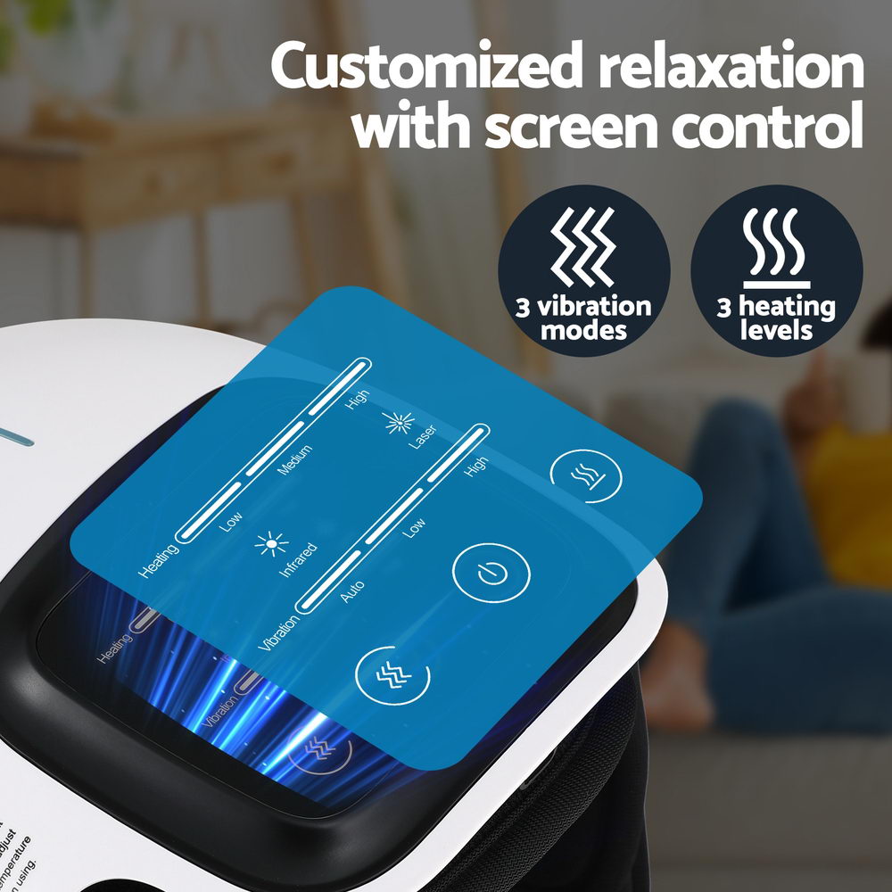 Hlpmedical Livemor knee massager with vibration and infrared heating for therapy, shown on a person's knee in a health and relaxation setting.