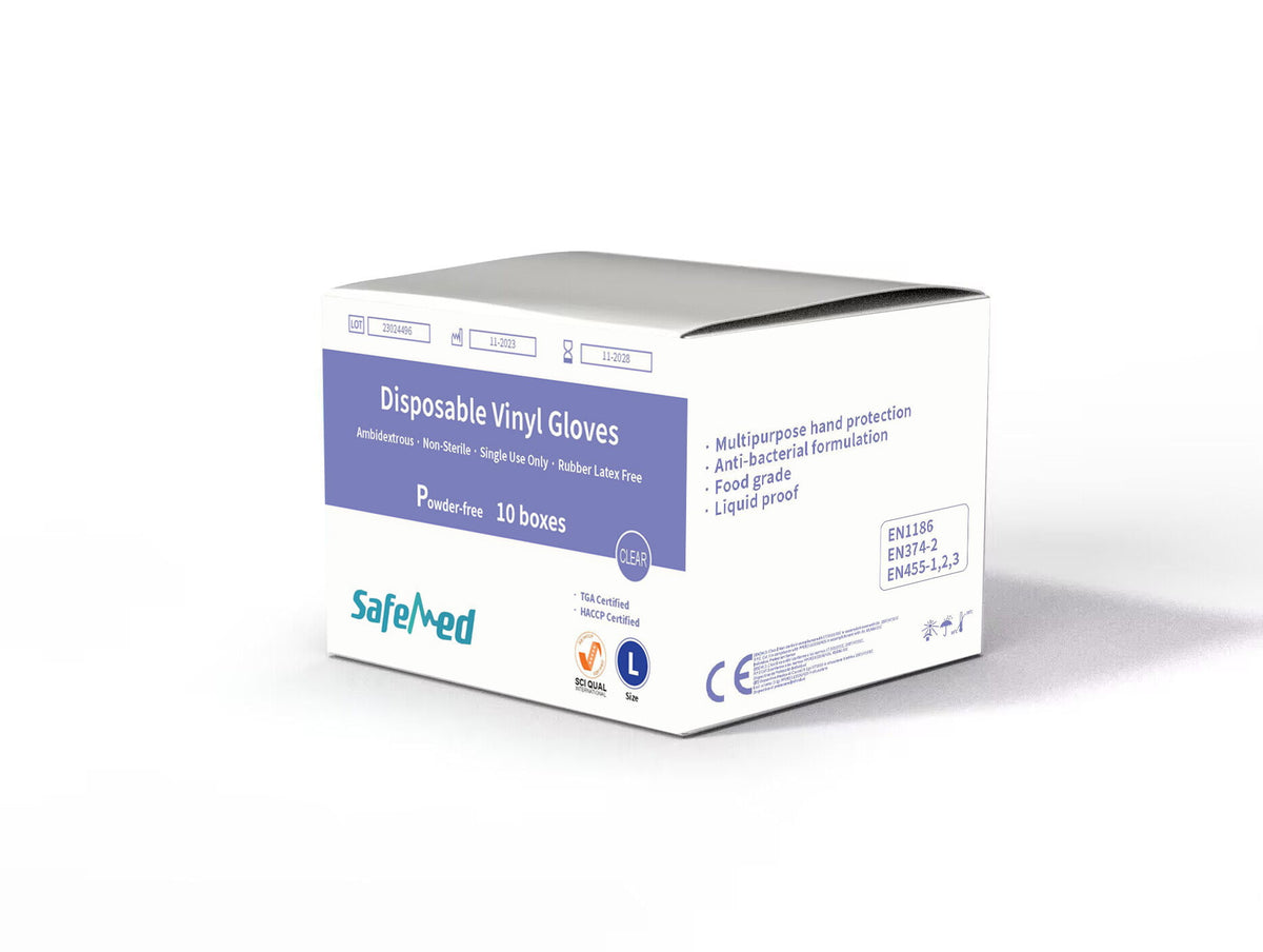 HLP Medical Supplies clear powder-free vinyl gloves, TGA approved, shown as large, flexible medical gloves on a white background.