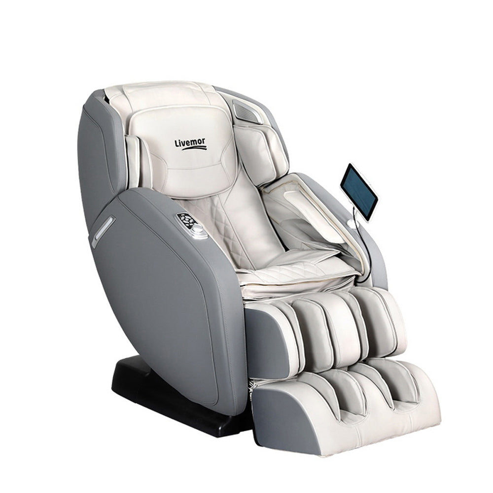 Hlpmedical Livemor 4D massage chair recliner in grey with LCD touchscreen, AI body scan, heat, deep tissue massage, and Bluetooth.