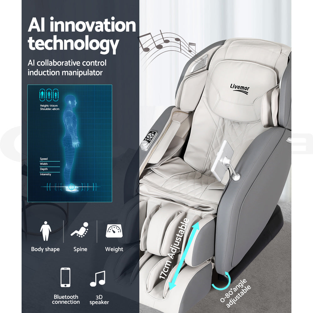 Hlpmedical Livemor 4D massage chair recliner in grey with full body SL-track, AI body scan, heat, LCD touchscreen, Bluetooth.