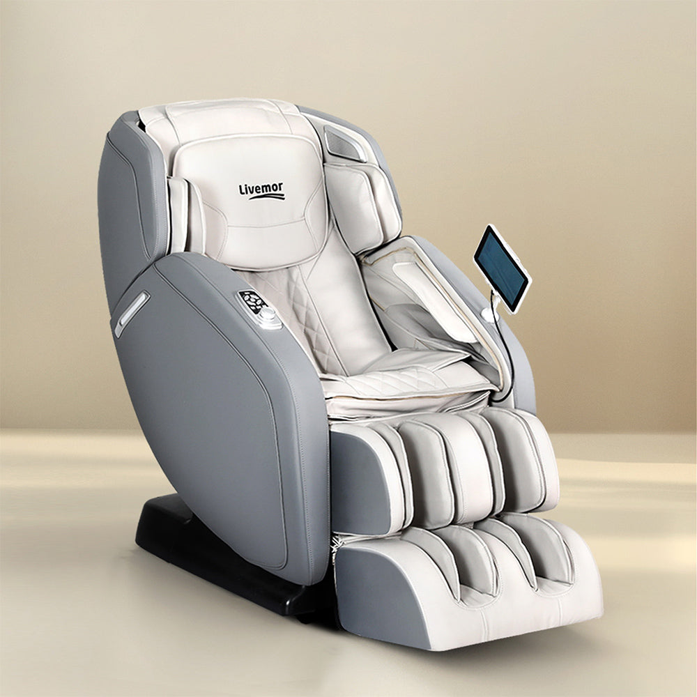 Hlpmedical Livemor 4D massage chair recliner in grey with LCD touchscreen, full body SL-Track, heat, AI scan, and Bluetooth.