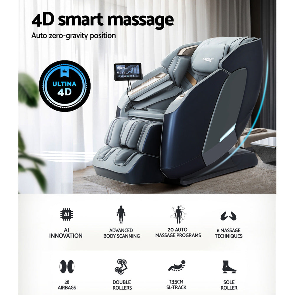 Hlpmedical Livemor 4D massage chair recliner with full body SL track, zero gravity, heated, AI body scan, in a modern living room setting.