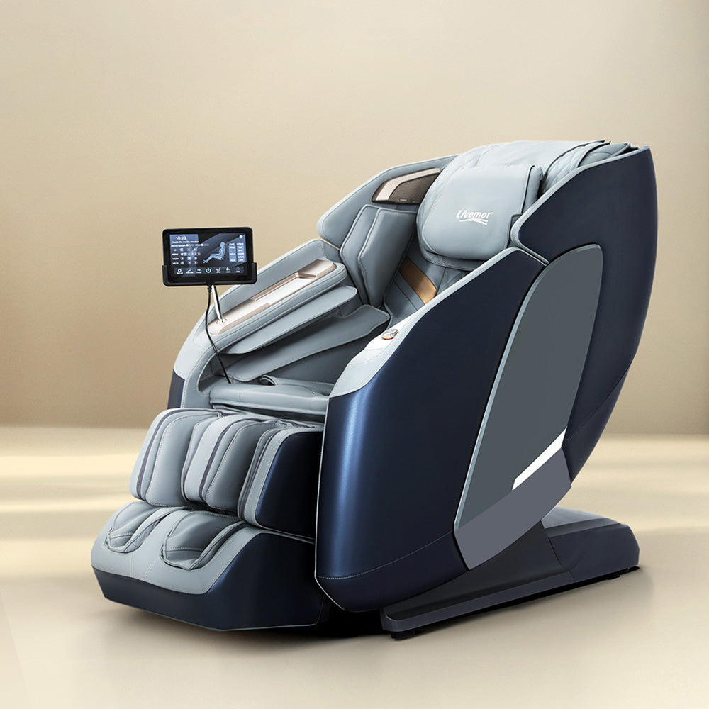 Hlpmedical Livemor 4D massage chair recliner with full-body SL track, zero gravity, heated, AI body scan, in a modern living room setting.