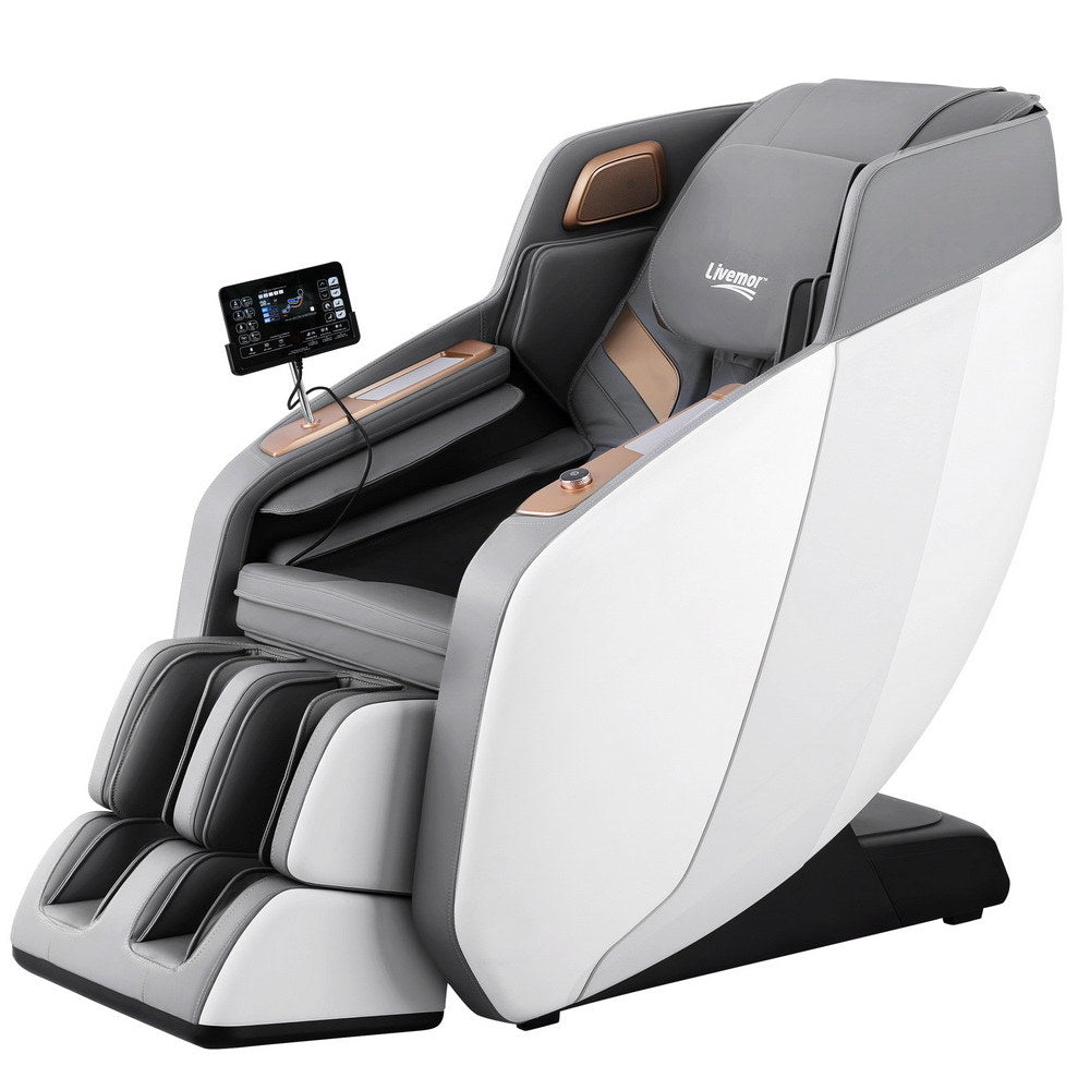 Hlpmedical Livemor massage chair in white with electric recliner and double core mechanism, designed for relaxation and comfort.