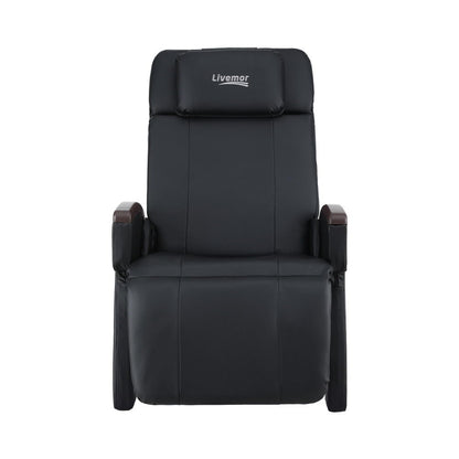 Hlpmedical Livemor ARIA electric massage chair in black with padded armrests and ergonomic design for home relaxation.