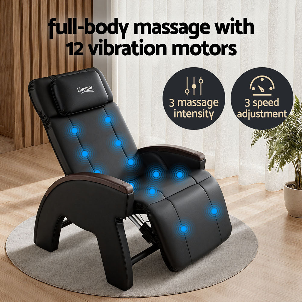 Black Livemor Massage Chair by Hlpmedical, electric recliner with built-in massager, designed for home relaxation.