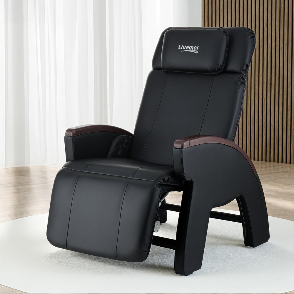 Hlpmedical Livemor ARIA electric massage recliner chair with black upholstery, designed for home relaxation and full-body massage.