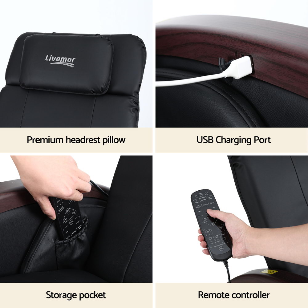 Hlpmedical Livemor ARIA electric massage chair in black with ergonomic design and adjustable recline for home relaxation.