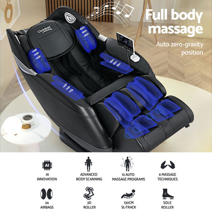 Hlpmedical Livemor Flynn electric massage chair recliner with 3D massager in black, showcasing its ergonomic design and control panel.