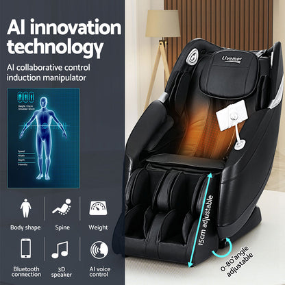 Hlpmedical Livemor massage chair Flynn electric recliner with black upholstery, featuring 3D massage functions and ergonomic design.