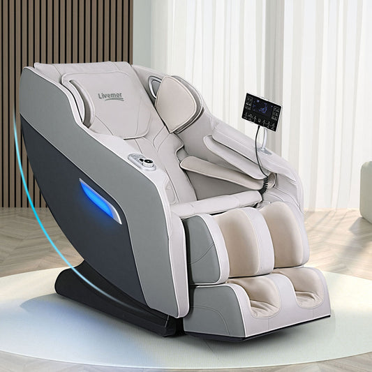 Hlpmedical Livemor Brisa electric massage chair in grey with padded upholstery and ergonomic design for home relaxation.