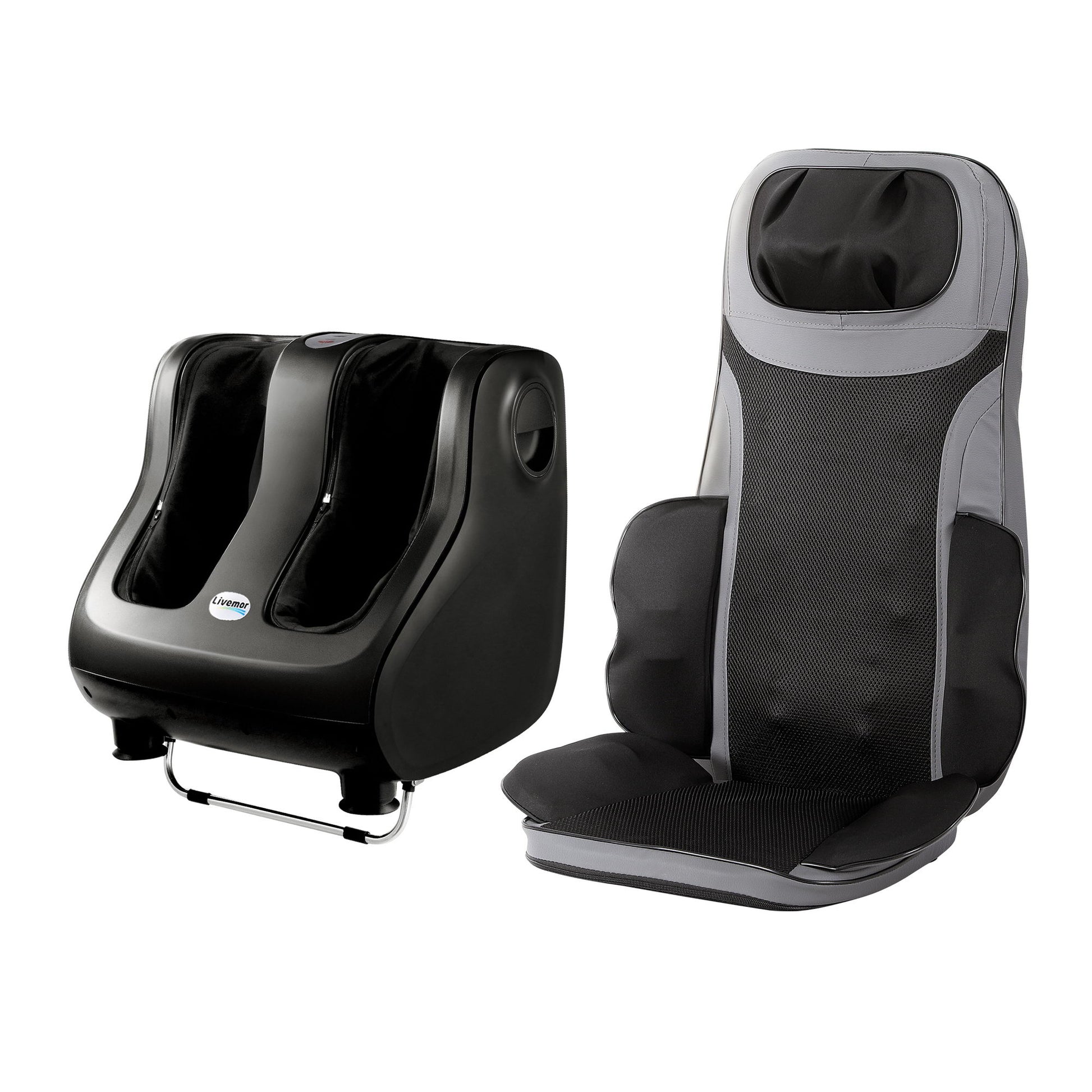 Hlpmedical Livemor full back massage seat cushion with heating and 360° foot massagers, designed for relaxation and comfort.