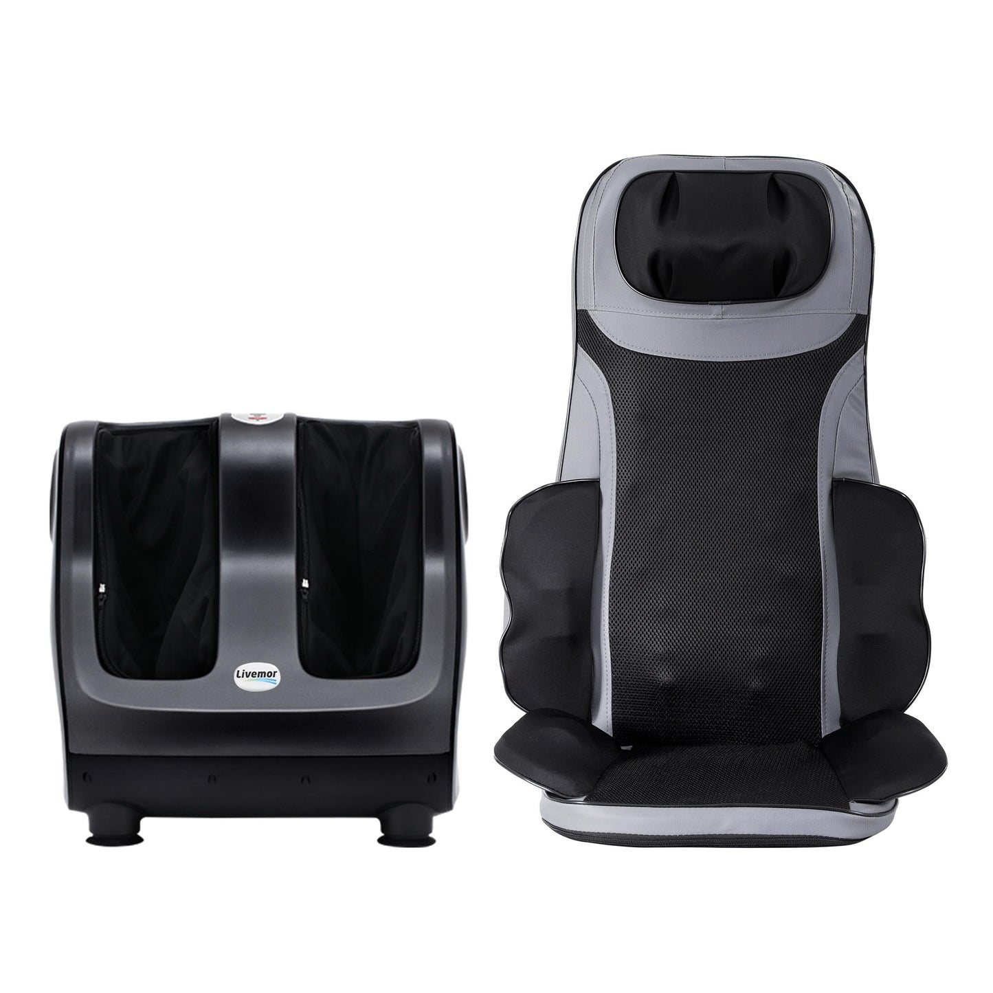 Hlpmedical Livemor full back massage seat cushion with heating and 360° foot massagers, designed for relaxation and comfort.