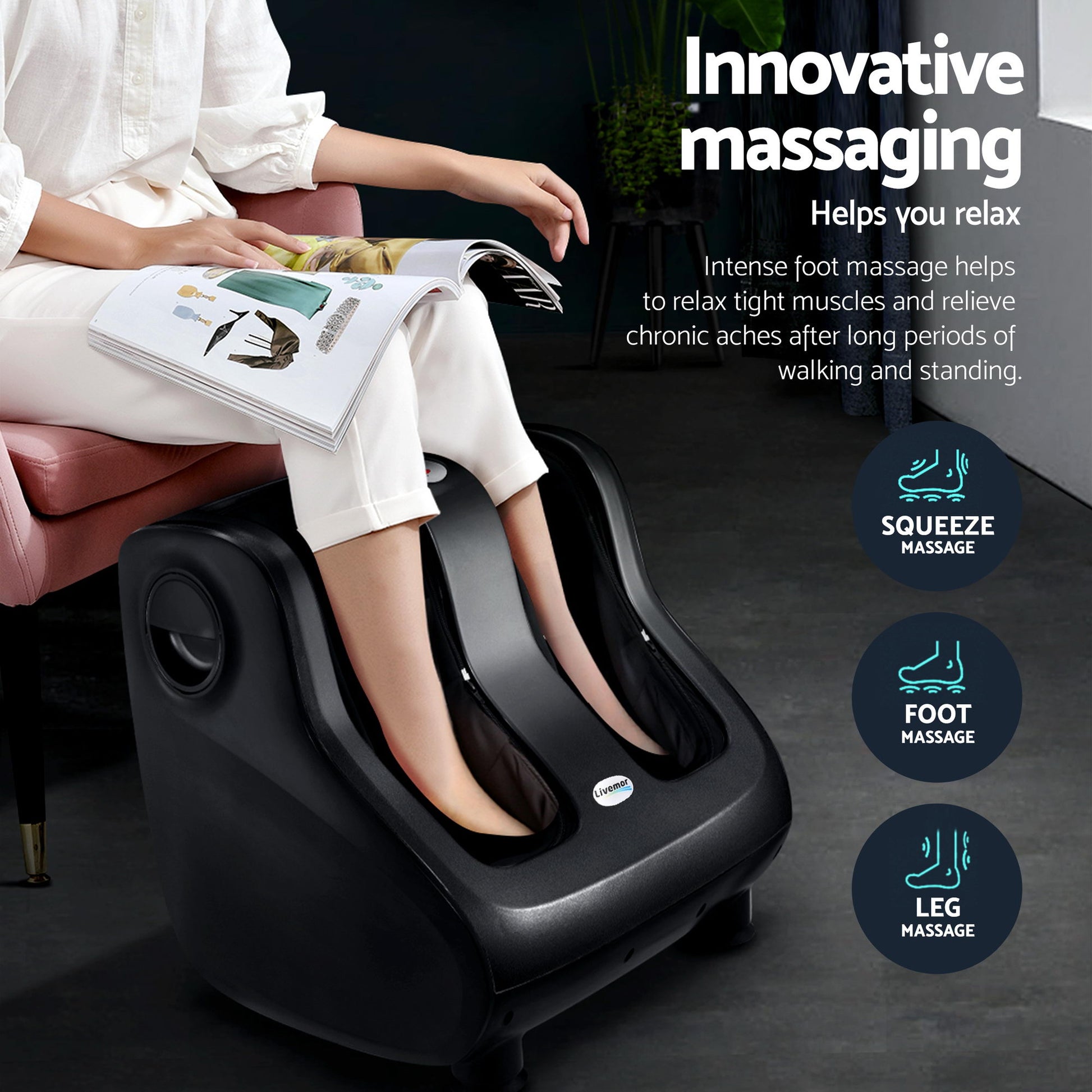 Hlpmedical Livemor full back massage seat cushion with heating and 360° foot massagers for relaxing health and wellness.