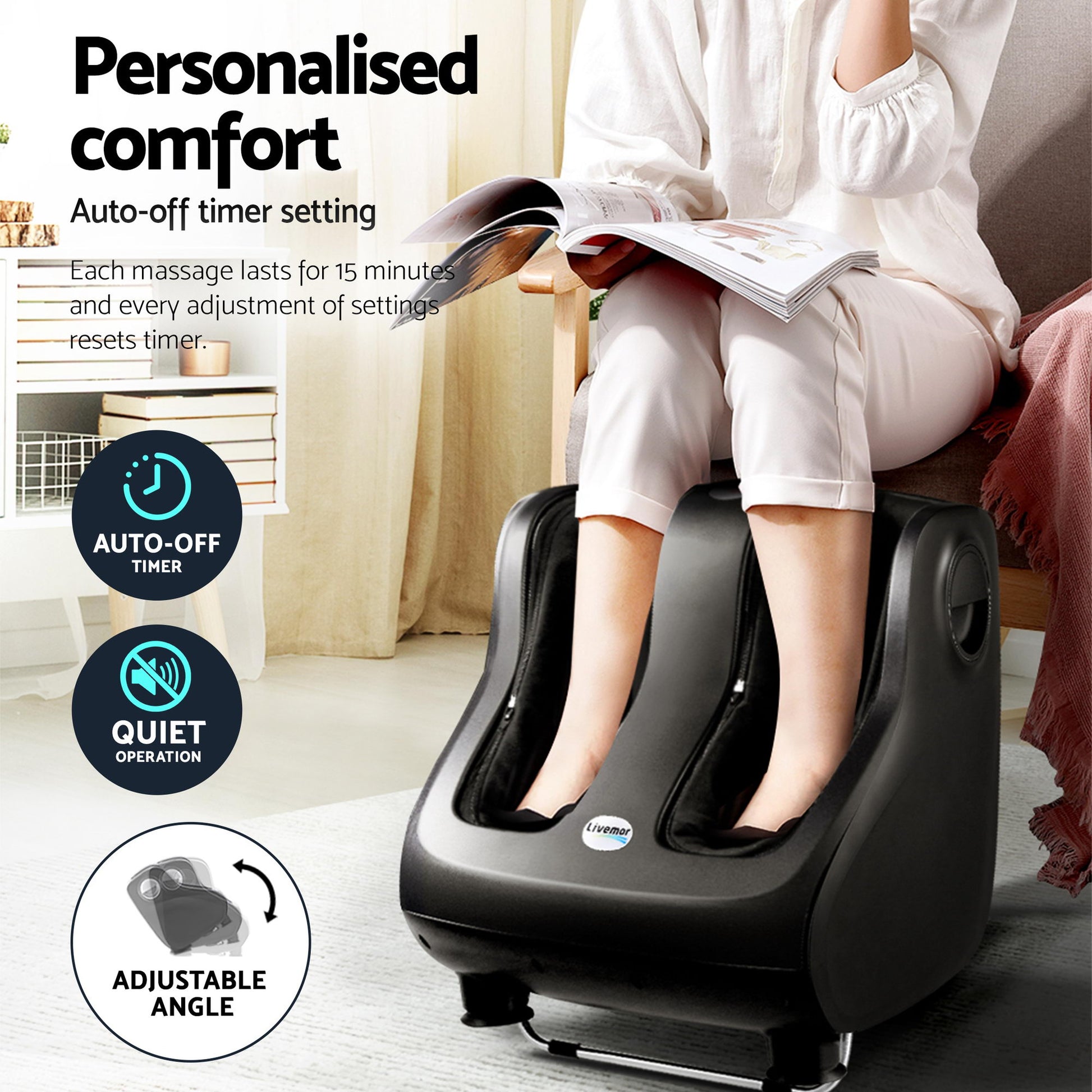 Hlpmedical Livemor full back massage seat cushion with heating and 360° foot massagers, shown on a chair for relaxation.