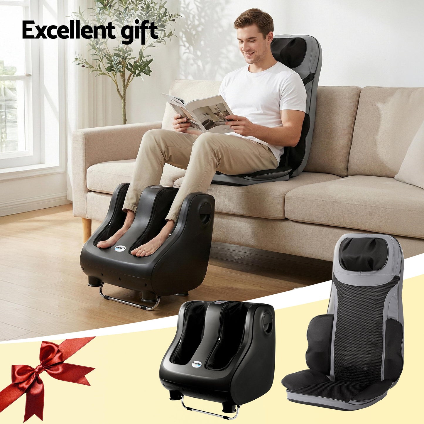 Hlpmedical Livemor full back massage seat cushion with heating and 360° foot massagers, designed for relaxation and comfort.