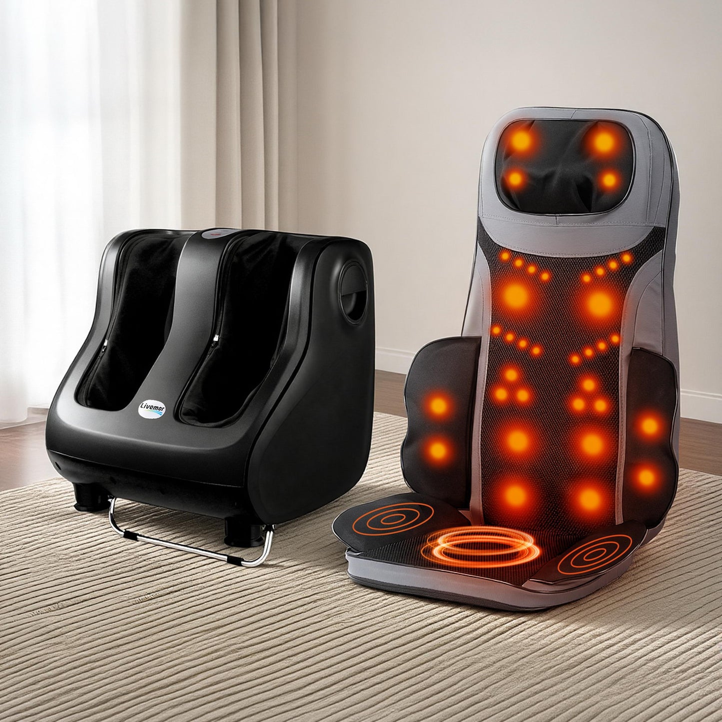 Hlpmedical Livemor full back massage seat cushion with heating and 360° foot massagers, designed for relaxation and comfort.