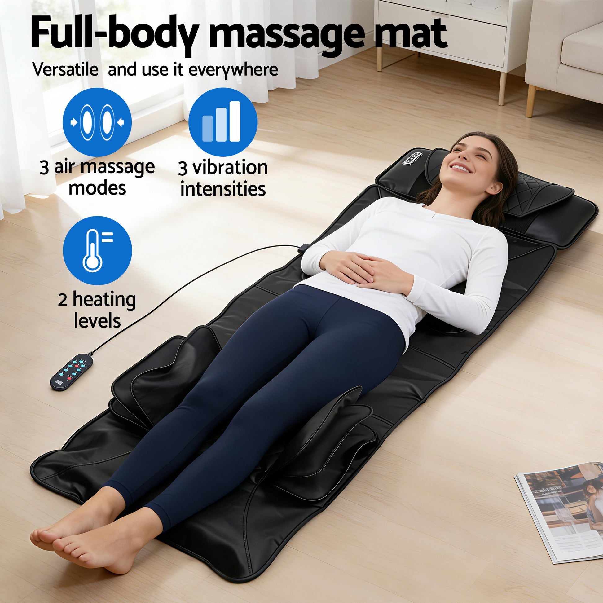 Hlpmedical Livemor heated massage mat with kneading neck and lumbar airbags for relaxation and muscle relief.