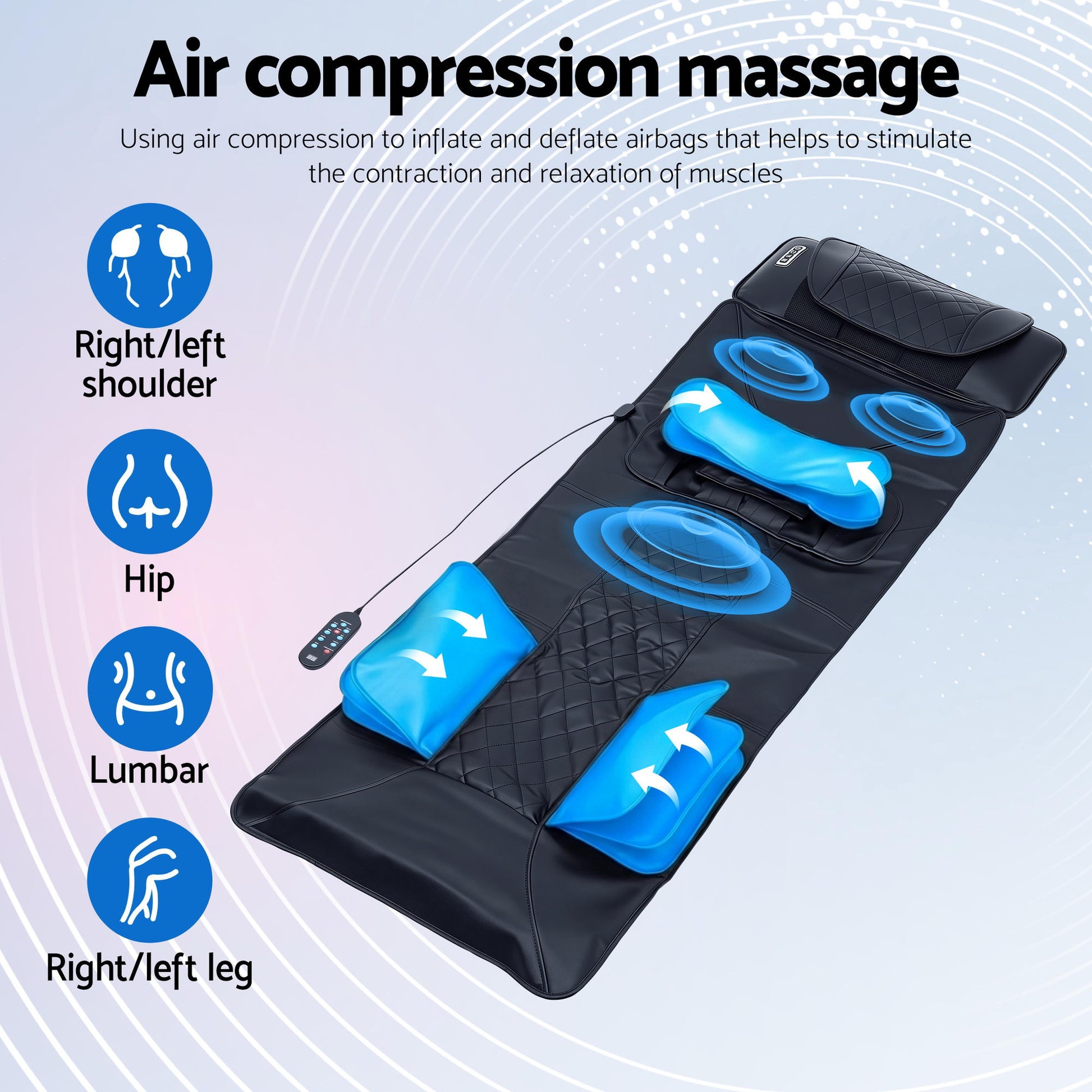 Black Livemor heated massage mat with kneading neck, lumbar airbag stretch, and relaxing massage features by Hlpmedical.