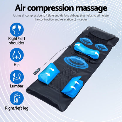 Black Livemor heated massage mat with kneading neck, lumbar airbag stretch, and relaxing massage features by Hlpmedical.