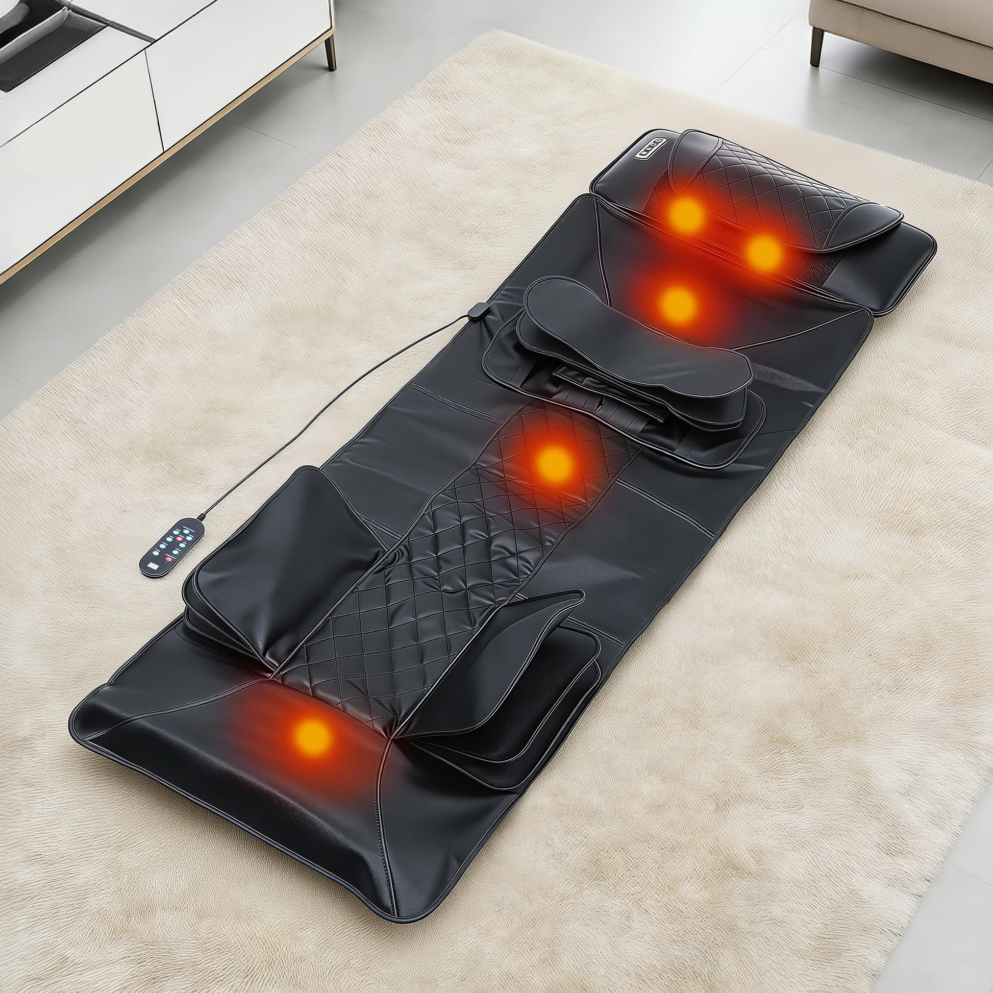 Hlpmedical Livemor heated massage mat with kneading neck and lumbar support, airbag stretch for relaxation and pain relief.