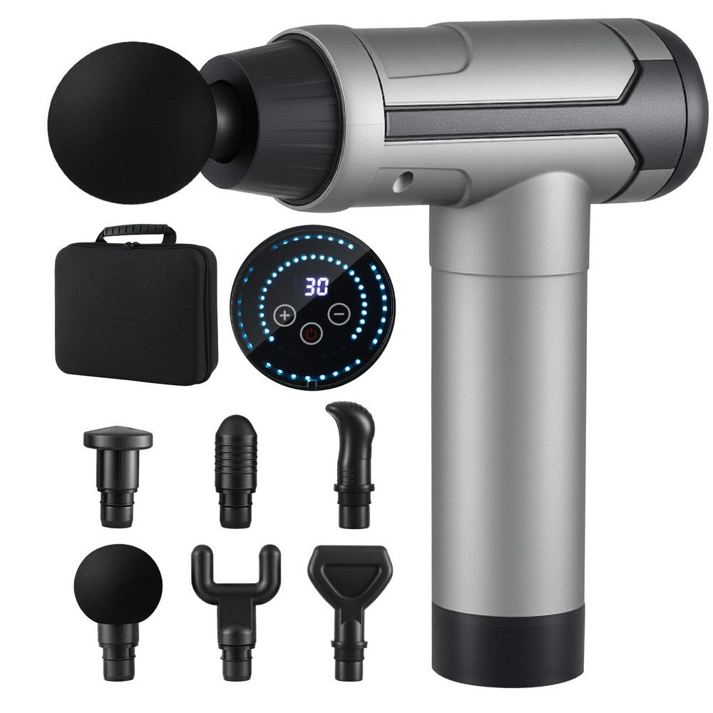 Everfit massage gun with 6 interchangeable heads, black vibration muscle massager, 30 speed settings, rechargeable.
